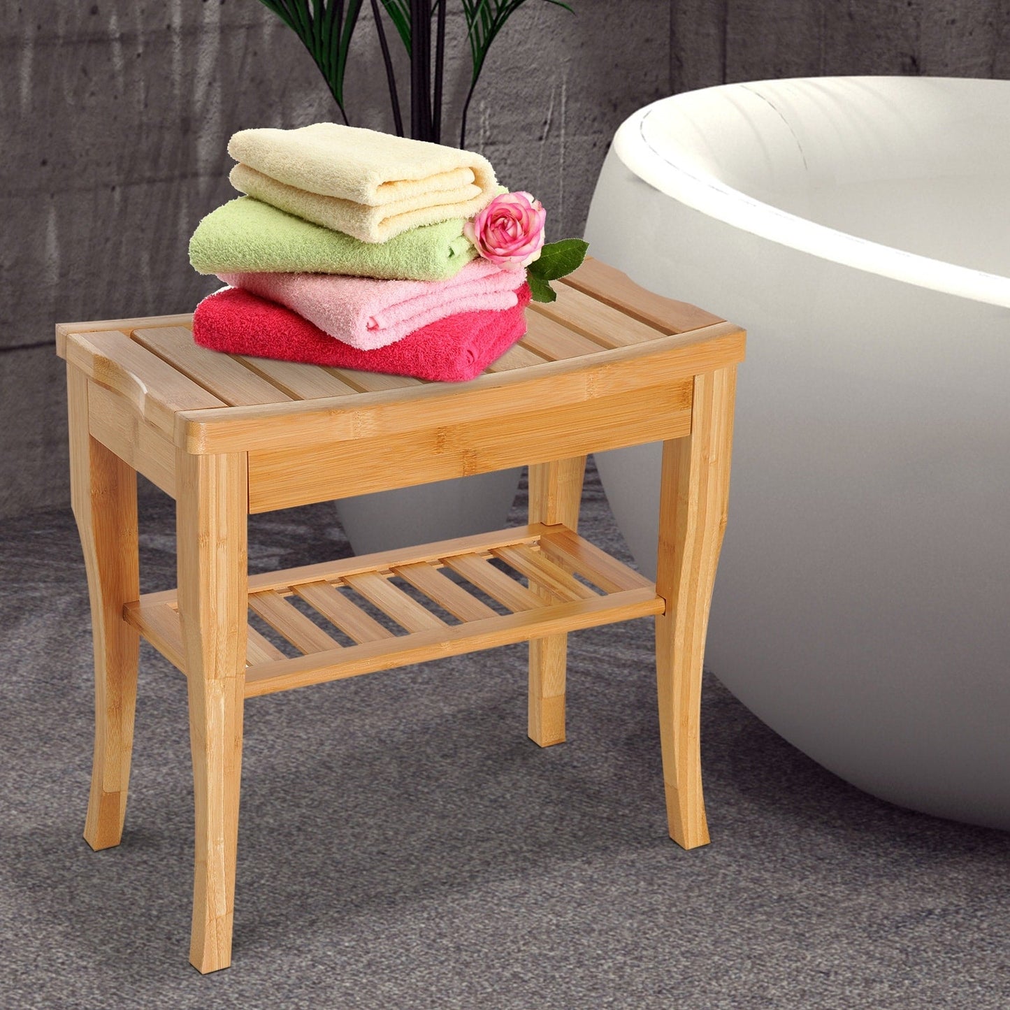 HomCom 20 Long Bamboo Wood Shower Bench Seat With Lower Storage Shelf - 10.25*19.75*17.5