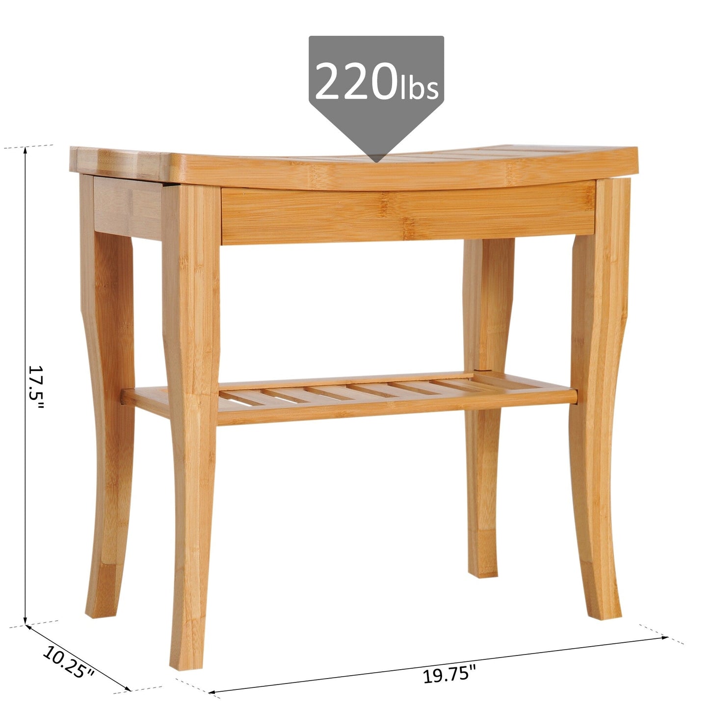 HomCom 20 Long Bamboo Wood Shower Bench Seat With Lower Storage Shelf - 10.25*19.75*17.5