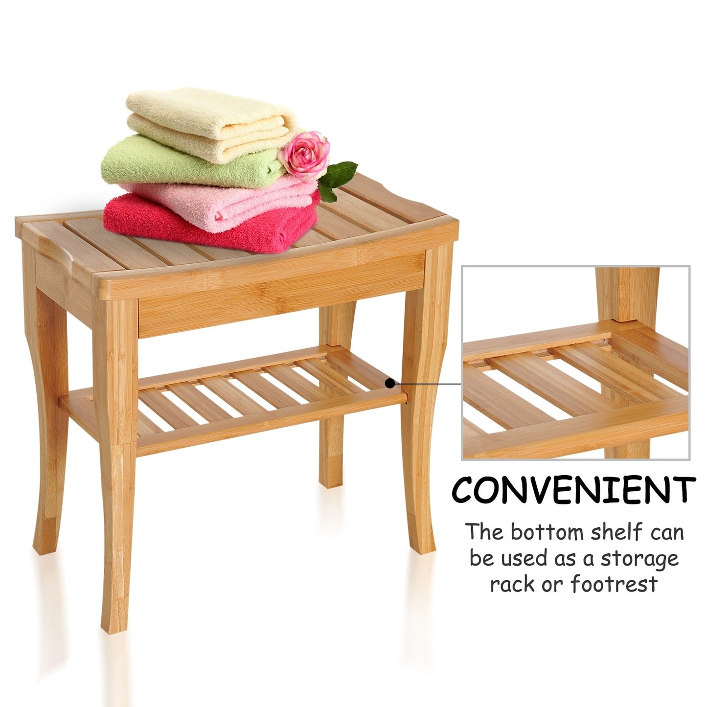 HomCom 20 Long Bamboo Wood Shower Bench Seat With Lower Storage Shelf - 10.25*19.75*17.5