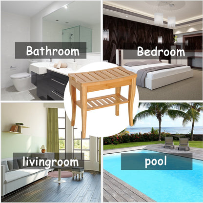 HomCom 20 Long Bamboo Wood Shower Bench Seat With Lower Storage Shelf - 10.25*19.75*17.5