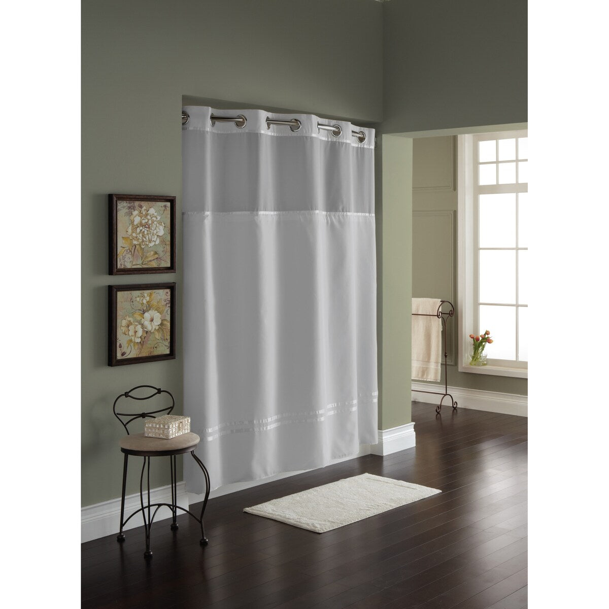 Hookless Escape 3-in-1 Shower Curtain with Sheer Top Window, Flex-on Rings & Fabric Liner
