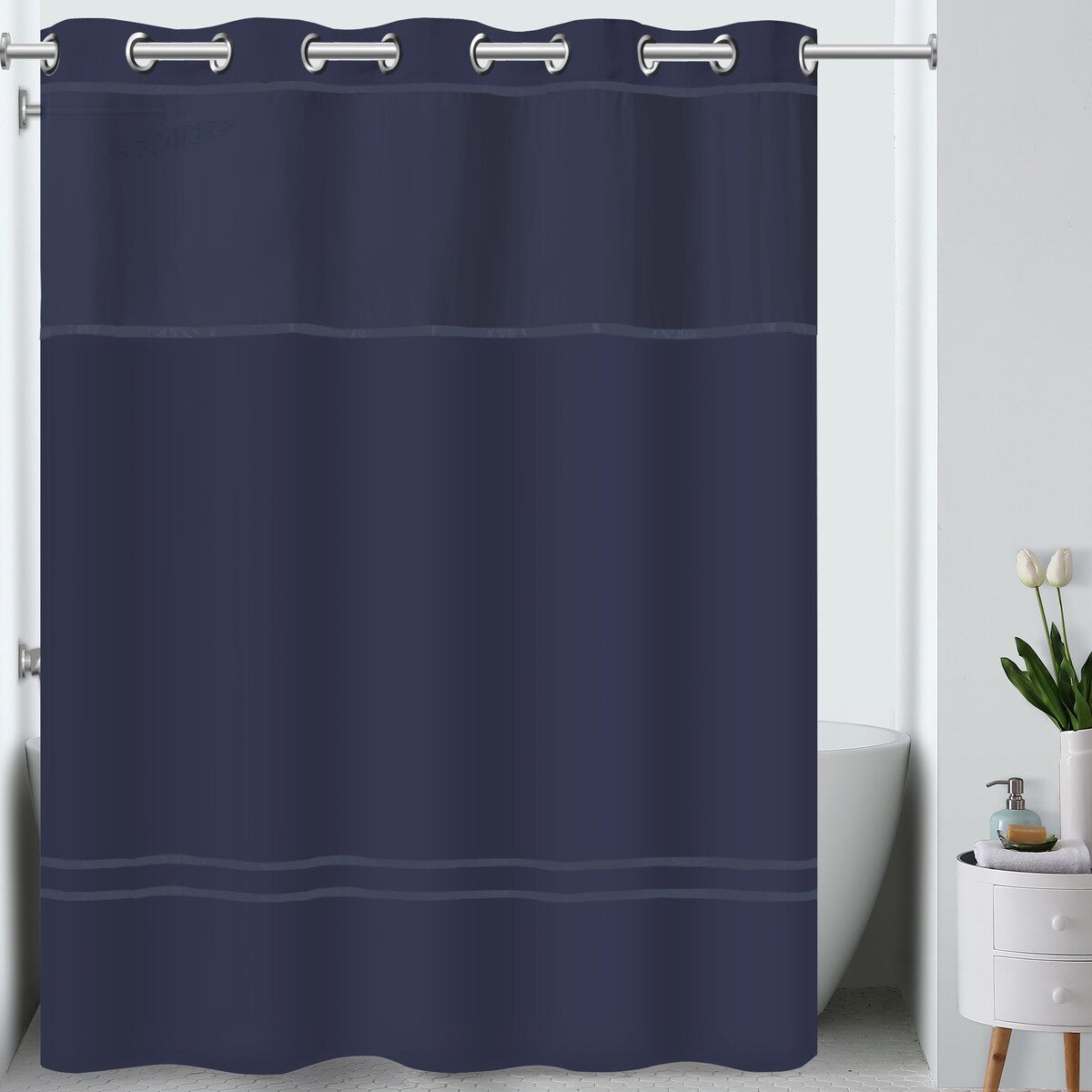 Hookless Escape 3-in-1 Shower Curtain with Sheer Top Window, Flex-on Rings & Fabric Liner