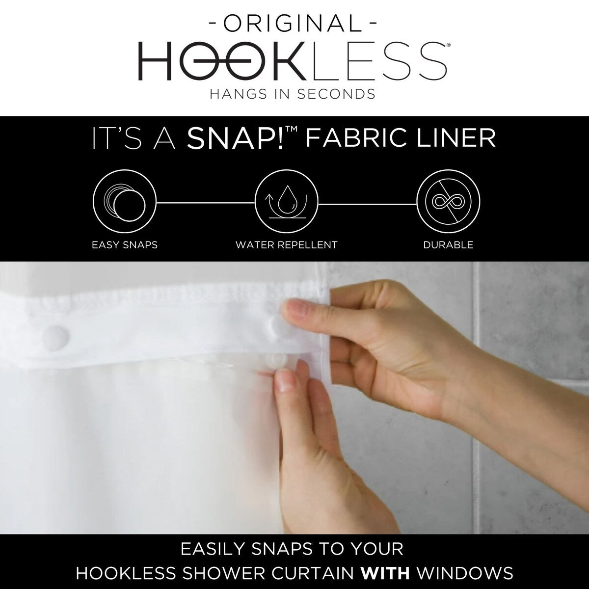 Hookless Escape 3-in-1 Shower Curtain with Sheer Top Window, Flex-on Rings & Fabric Liner