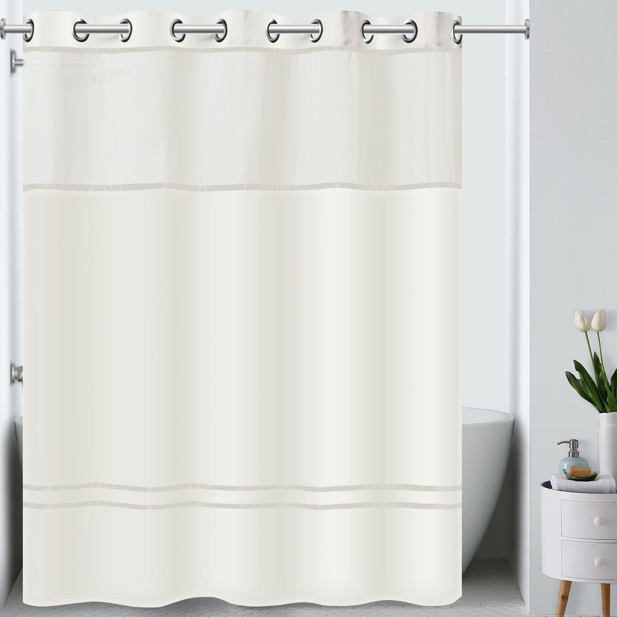 Hookless Escape 3-in-1 Shower Curtain with Sheer Top Window, Flex-on Rings & Fabric Liner