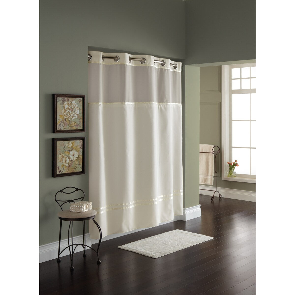 Hookless Escape 3-in-1 Shower Curtain with Sheer Top Window, Flex-on Rings & Fabric Liner
