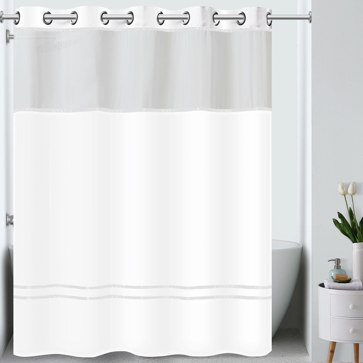 Hookless Escape 3-in-1 Shower Curtain with Sheer Top Window, Flex-on Rings & Fabric Liner