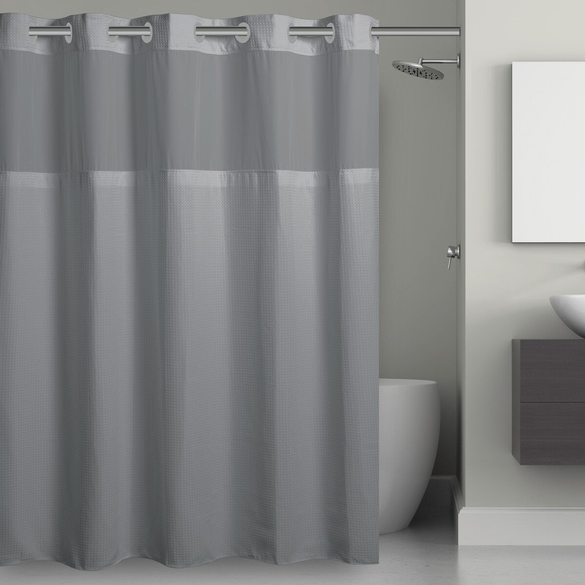 Hookless Microfiber 3-in-1 Shower Curtain with Sheer Top Window, Flex-on Rings & PEVA Liner