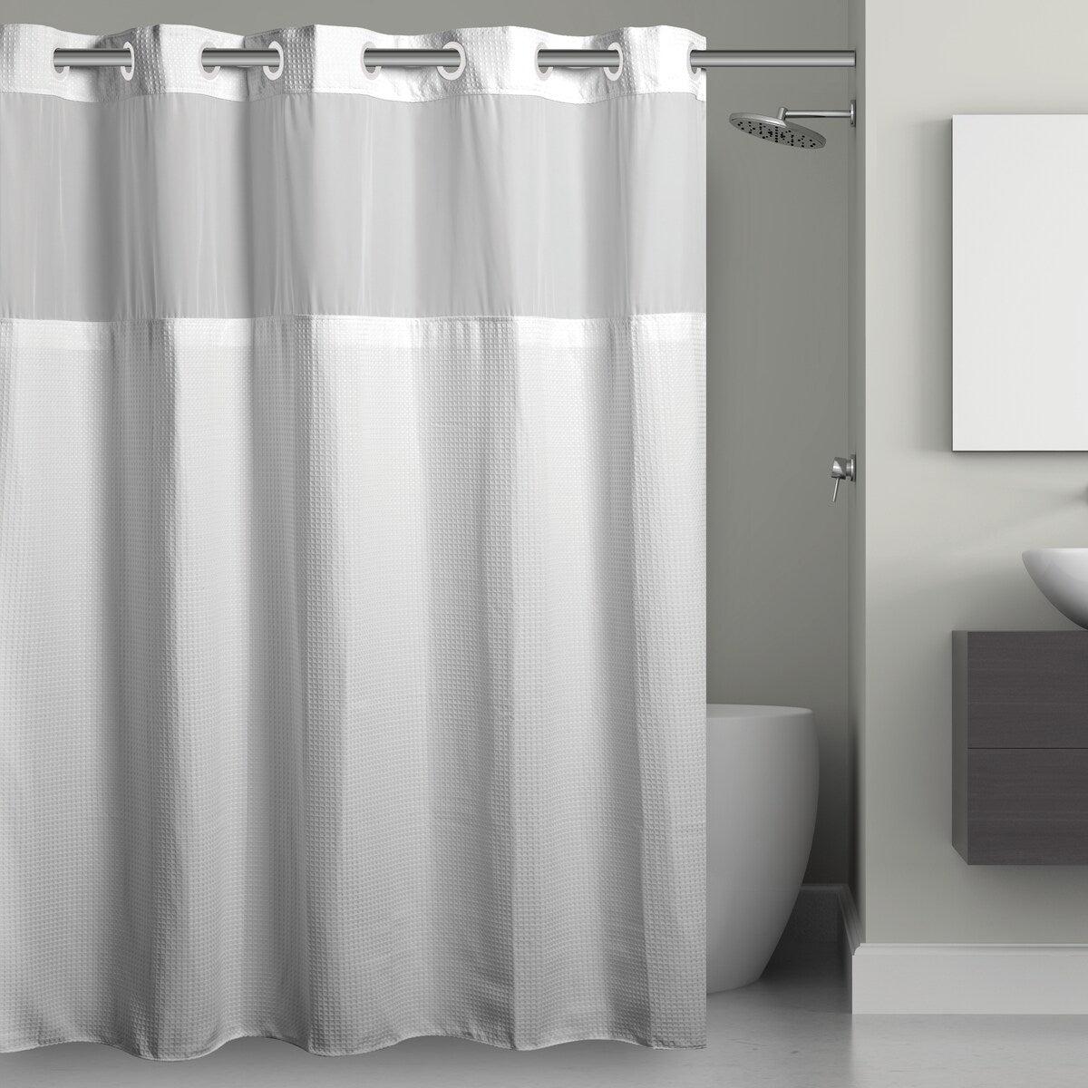 Hookless Microfiber 3-in-1 Shower Curtain with Sheer Top Window, Flex-on Rings & PEVA Liner