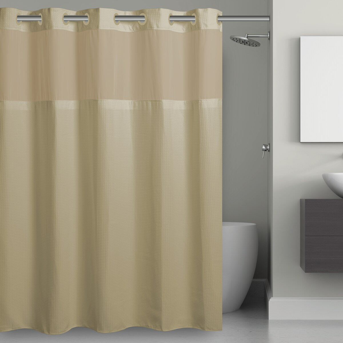 Hookless Microfiber 3-in-1 Shower Curtain with Sheer Top Window, Flex-on Rings & PEVA Liner