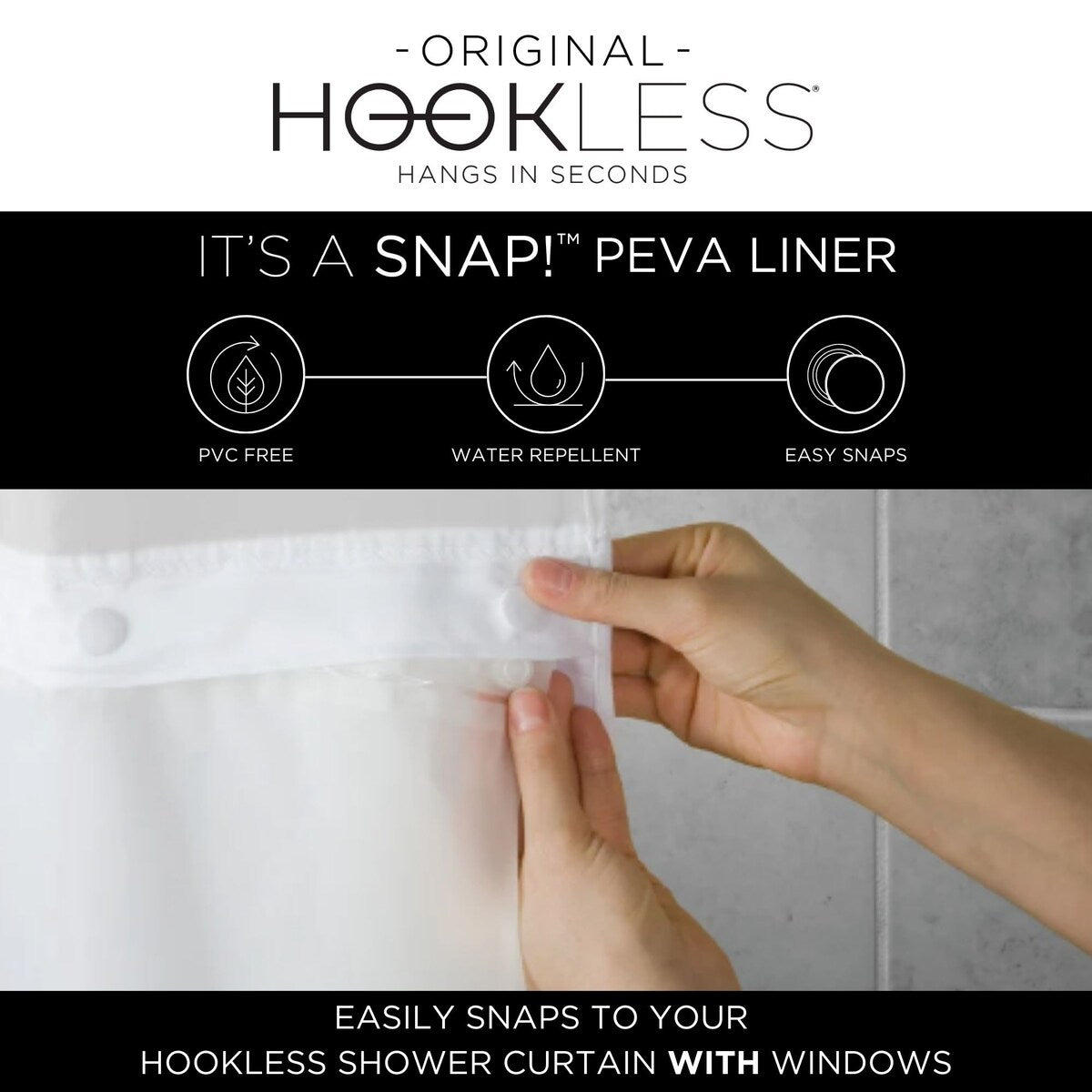 Hookless Monterey 3-in-1 Fabric Shower Curtain with Sheer Top Window, Flex-on Rings & PEVA Liner