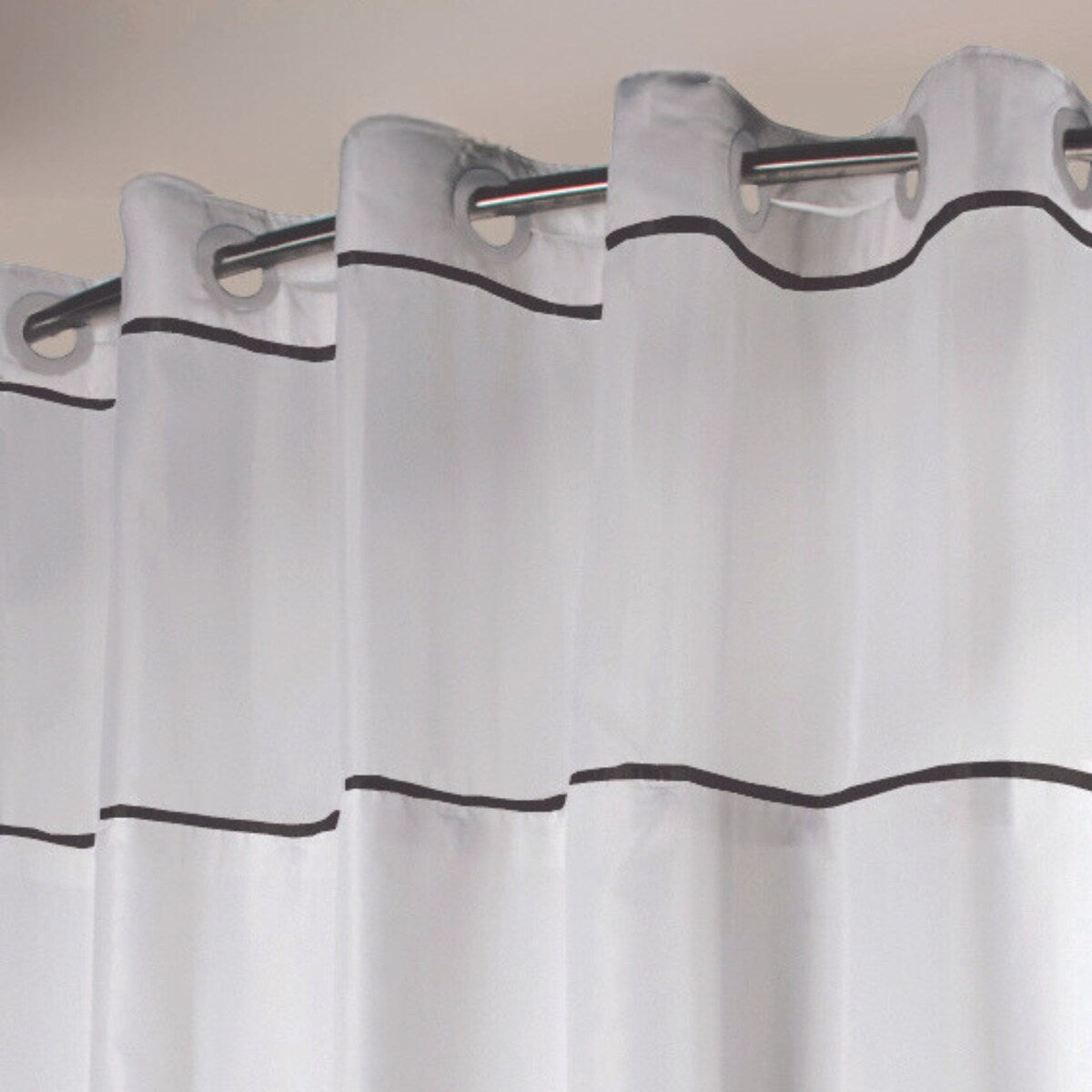 Hookless Monterey 3-in-1 Fabric Shower Curtain with Sheer Top Window, Flex-on Rings & PEVA Liner