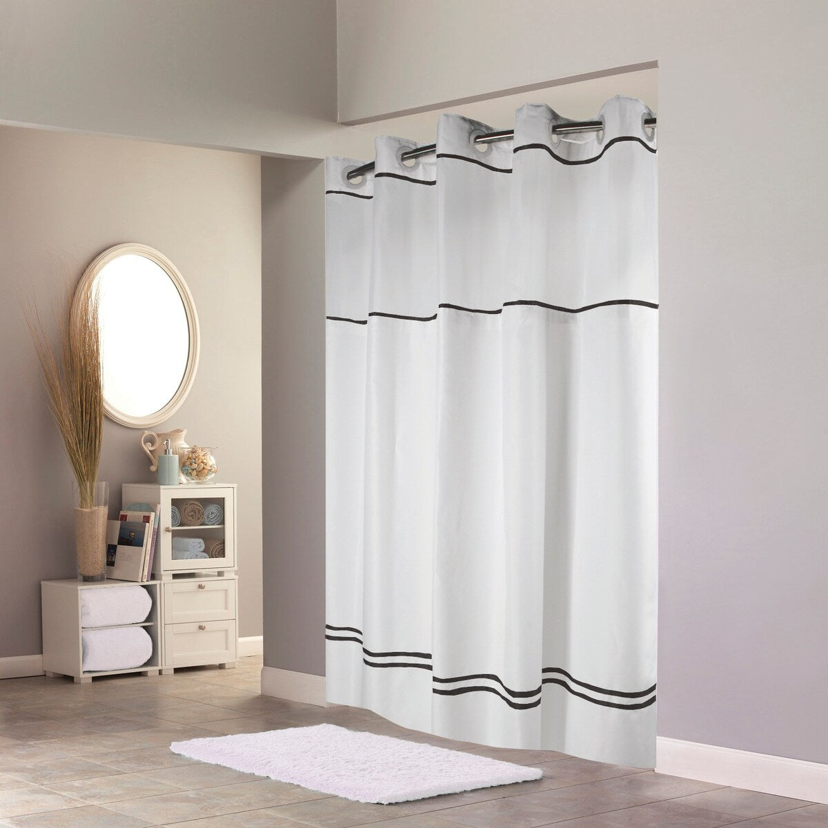 Hookless Monterey 3-in-1 Fabric Shower Curtain with Sheer Top Window, Flex-on Rings & PEVA Liner