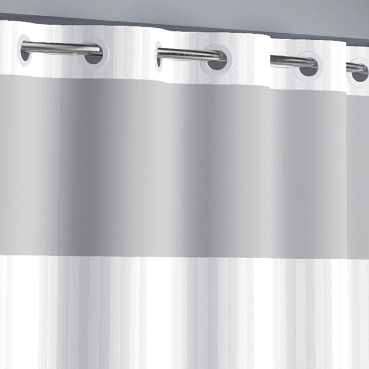 Hookless Satin Stripe 3-in-1 Shower Curtain with Sheer Top Window, Flex-on Rings & PEVA Liner