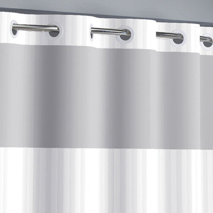 Hookless Satin Stripe 3-in-1 Shower Curtain with Sheer Top Window, Flex-on Rings & PEVA Liner
