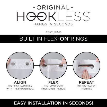 Hookless Satin Stripe 3-in-1 Shower Curtain with Sheer Top Window, Flex-on Rings & PEVA Liner