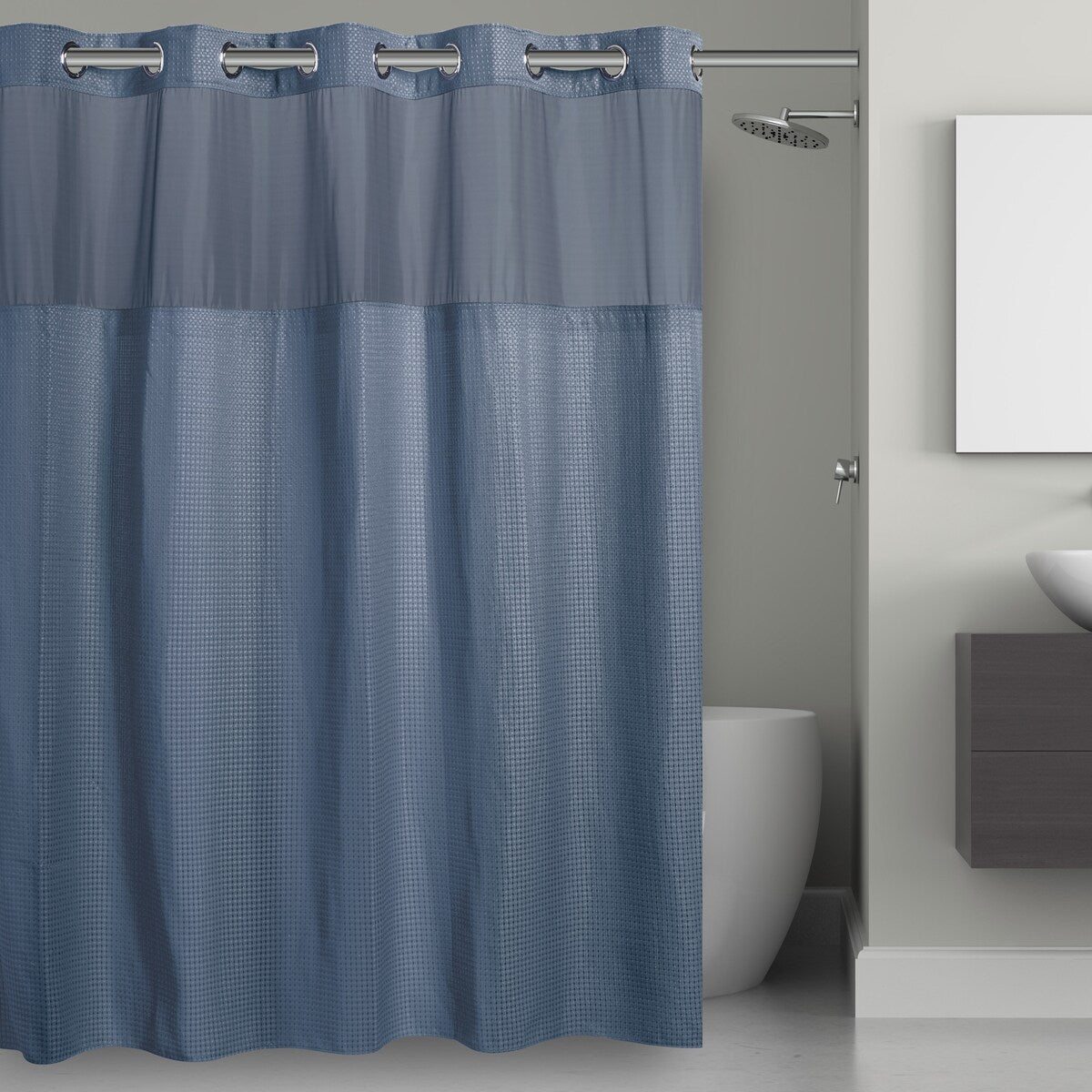 Hookless Waffle 3-in-1 Shower Curtain with Sheer Top Window, Flex-on Rings & Fabric Liner
