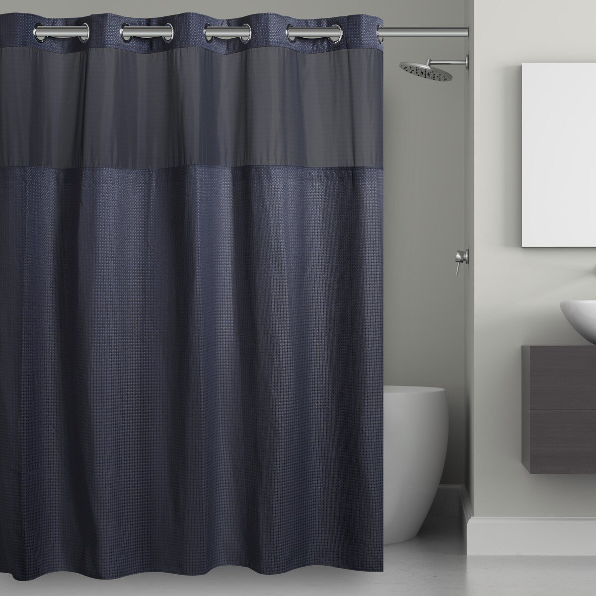Hookless Waffle 3-in-1 Shower Curtain with Sheer Top Window, Flex-on Rings & Fabric Liner