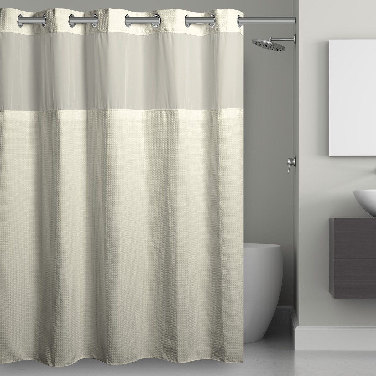 Hookless Waffle 3-in-1 Shower Curtain with Sheer Top Window, Flex-on Rings & Fabric Liner