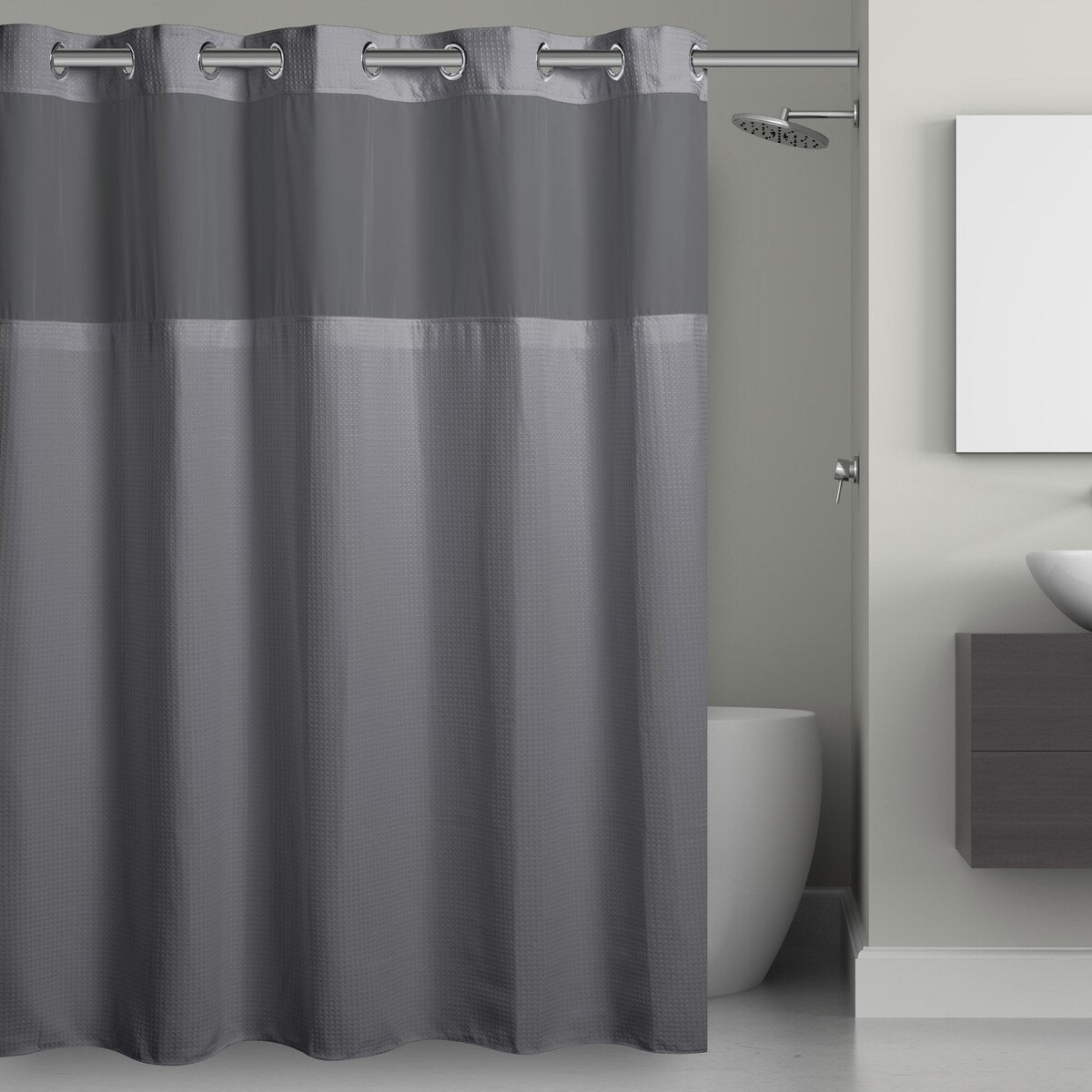 Hookless Waffle 3-in-1 Shower Curtain with Sheer Top Window, Flex-on Rings & Fabric Liner