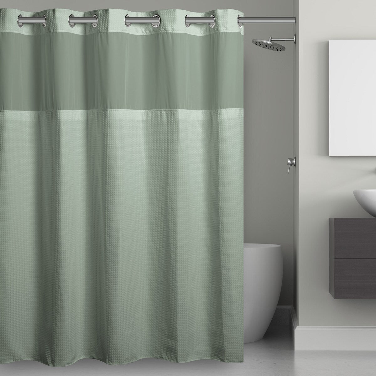 Hookless Waffle 3-in-1 Shower Curtain with Sheer Top Window, Flex-on Rings & Fabric Liner