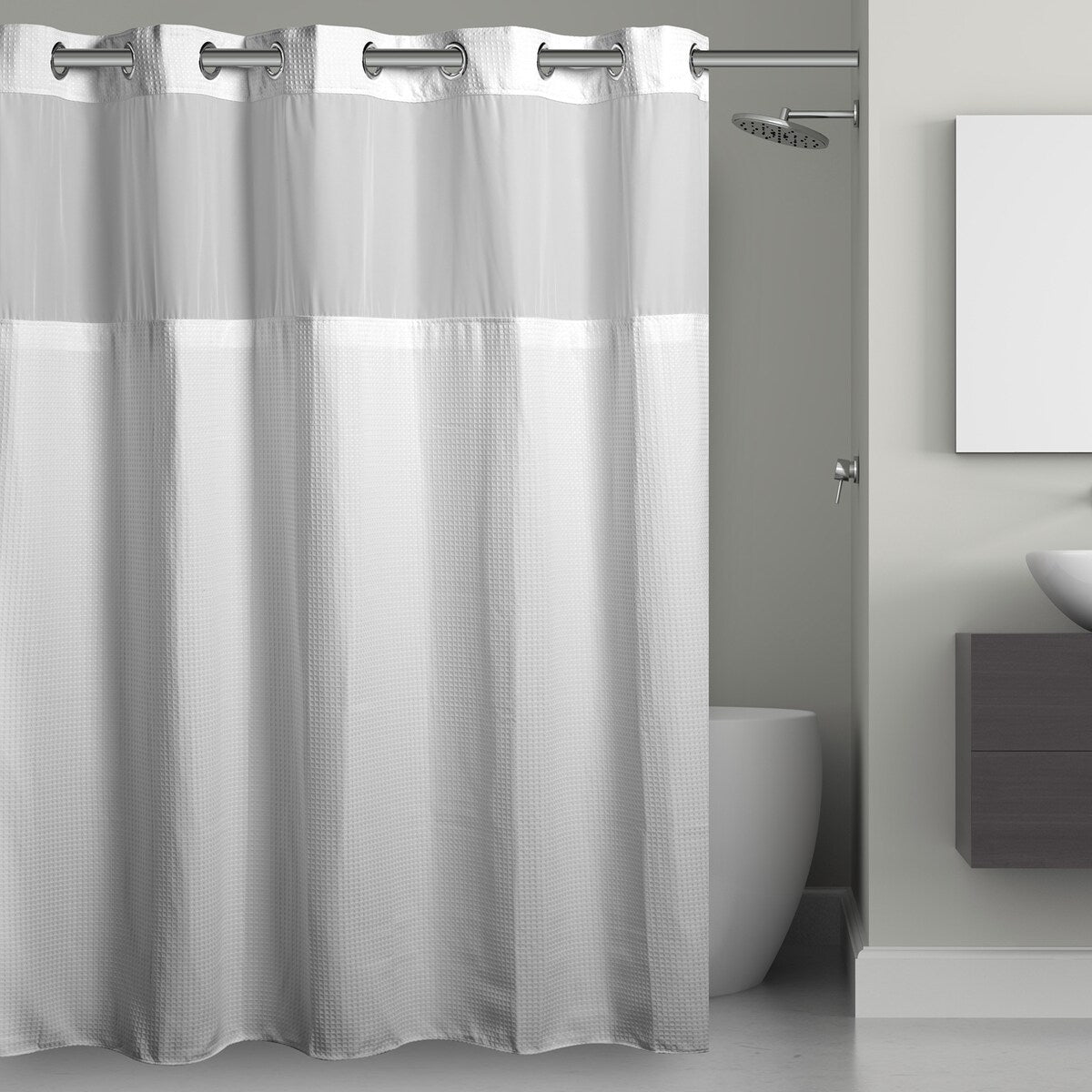 Hookless Waffle 3-in-1 Shower Curtain with Sheer Top Window, Flex-on Rings & Fabric Liner