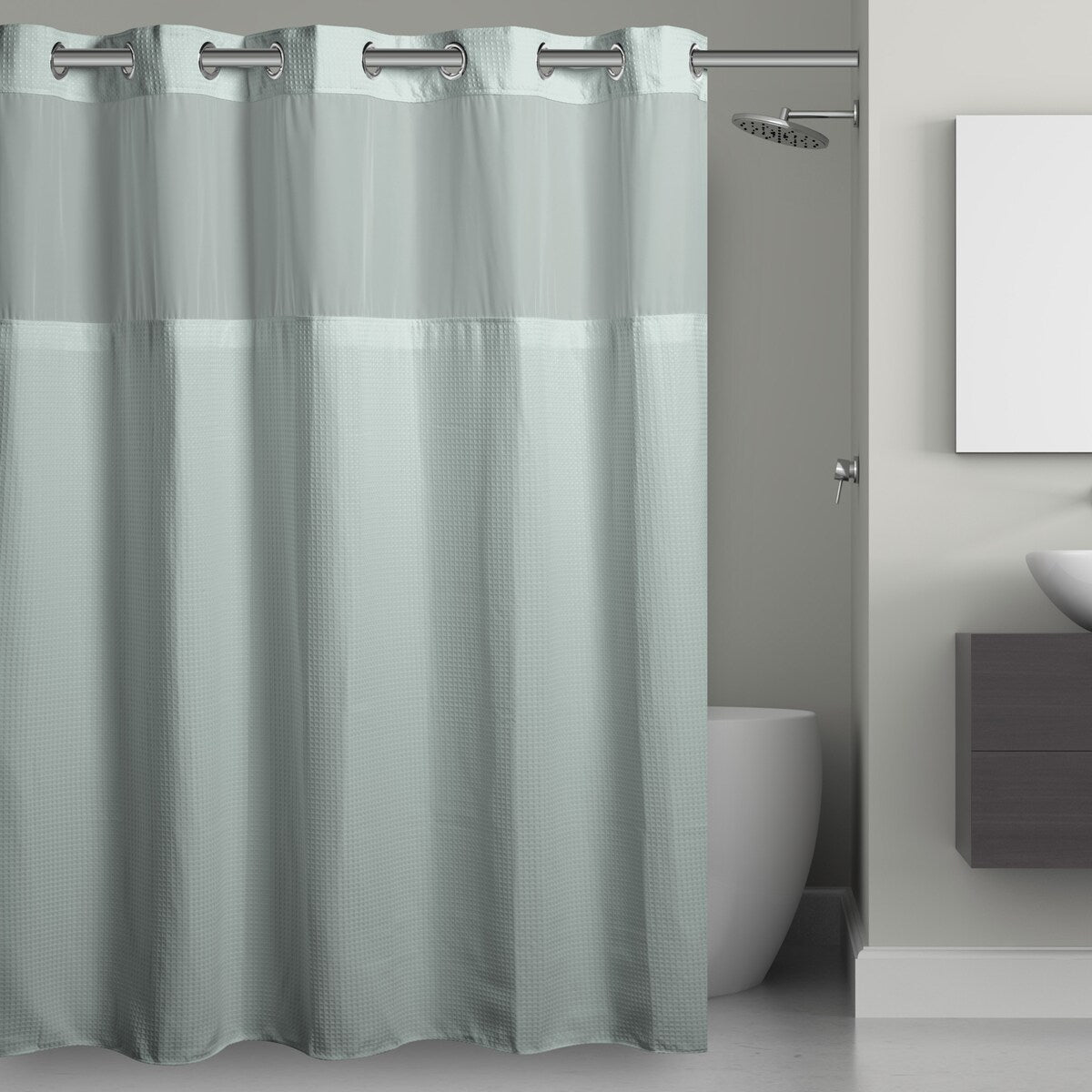 Hookless Waffle 3-in-1 Shower Curtain with Sheer Top Window, Flex-on Rings & Fabric Liner