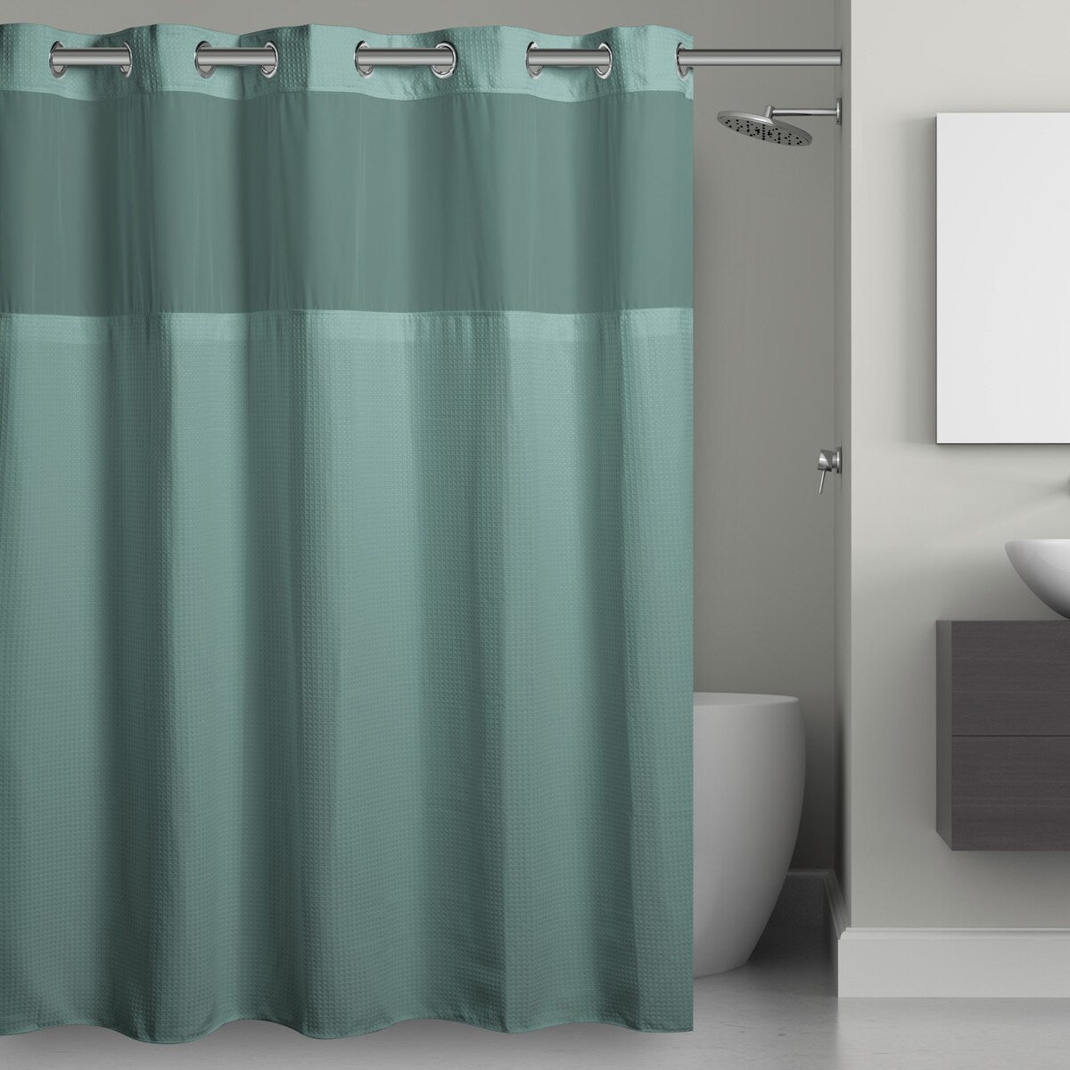 Hookless Waffle 3-in-1 Shower Curtain with Sheer Top Window, Flex-on Rings & Fabric Liner