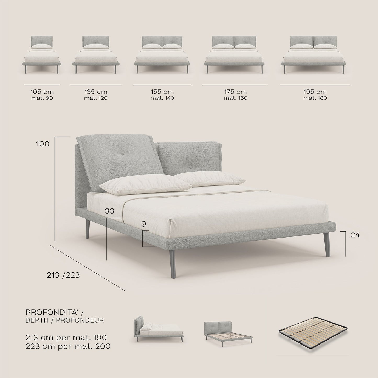 Ibuki letto con cuscini trapuntati regolabili e piedi in mogano in tessuto fiammato impermeabile T03 beige 