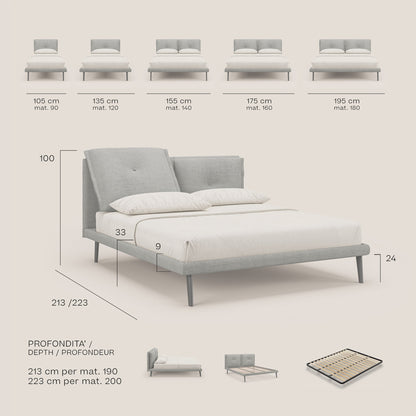 Ibuki letto con cuscini trapuntati regolabili e piedi in mogano in tessuto fiammato impermeabile T03 beige 