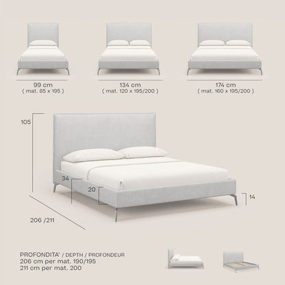 Iris letto imbottito con piedini neri sfoderabile in tessuto impermeabile T02 azzurro 