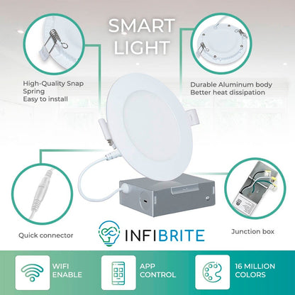 Infibrite 4 Inch Wifi Smart Ultra-Slim LED Ceiling Mount Recessed Light 9W 810LM Dimmable Retrofit with Junction Box