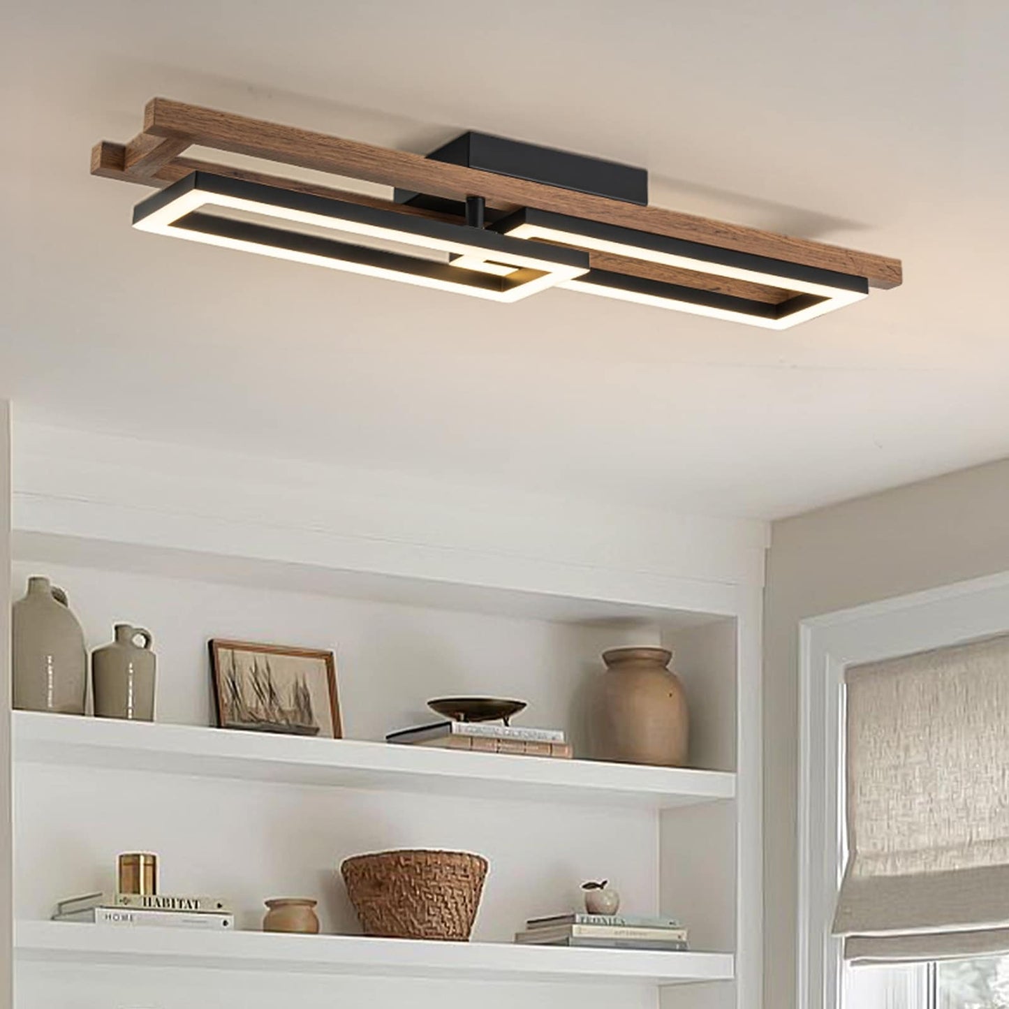 Integrated LED Rectangle Wood Semi Flush Mount Ceiling Light for Hallway Foyer