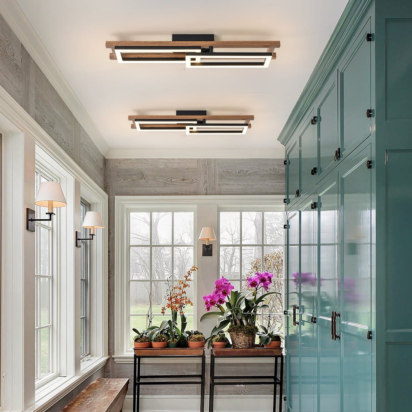 Integrated LED Rectangle Wood Semi Flush Mount Ceiling Light for Hallway Foyer