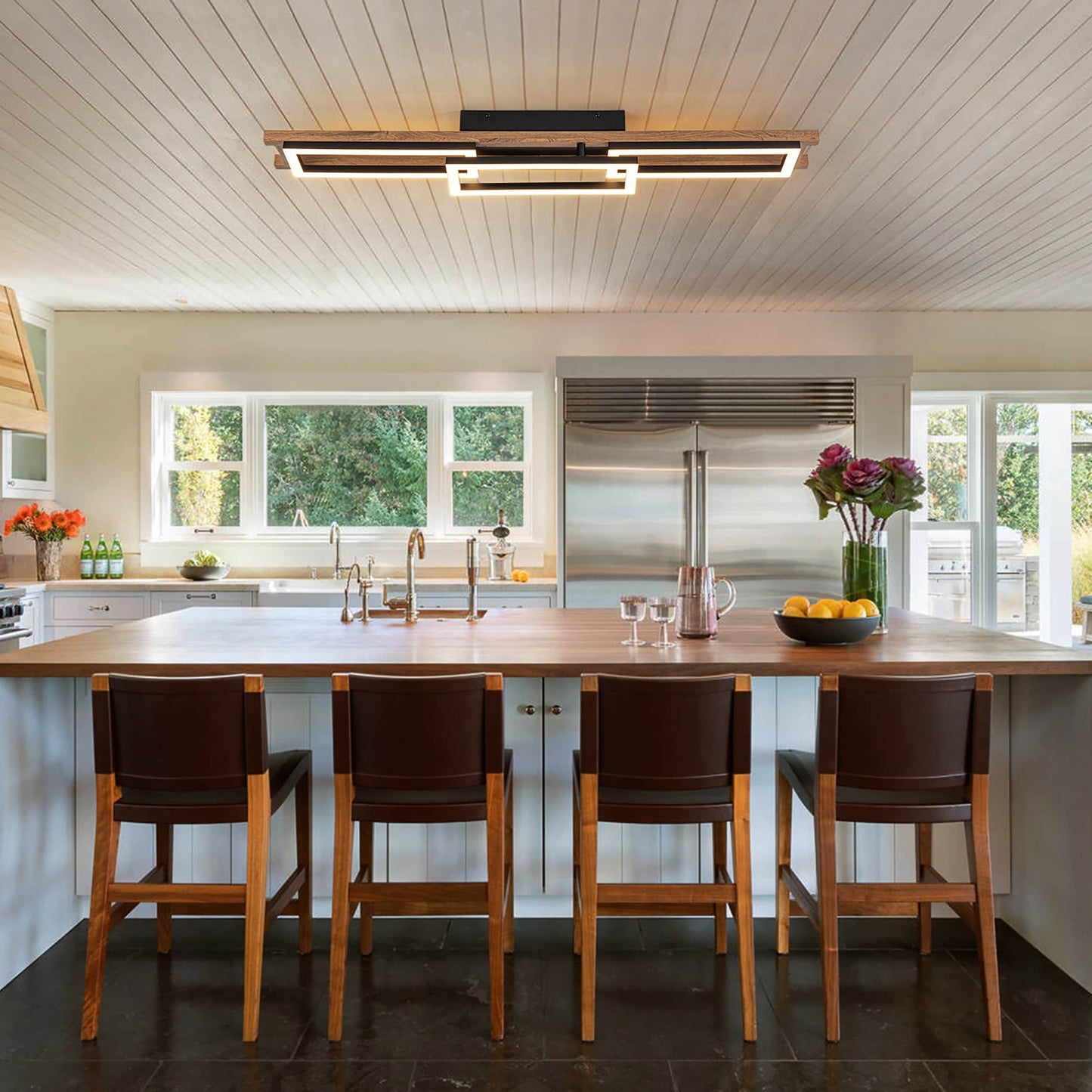 Integrated LED Rectangle Wood Semi Flush Mount Ceiling Light for Hallway Foyer