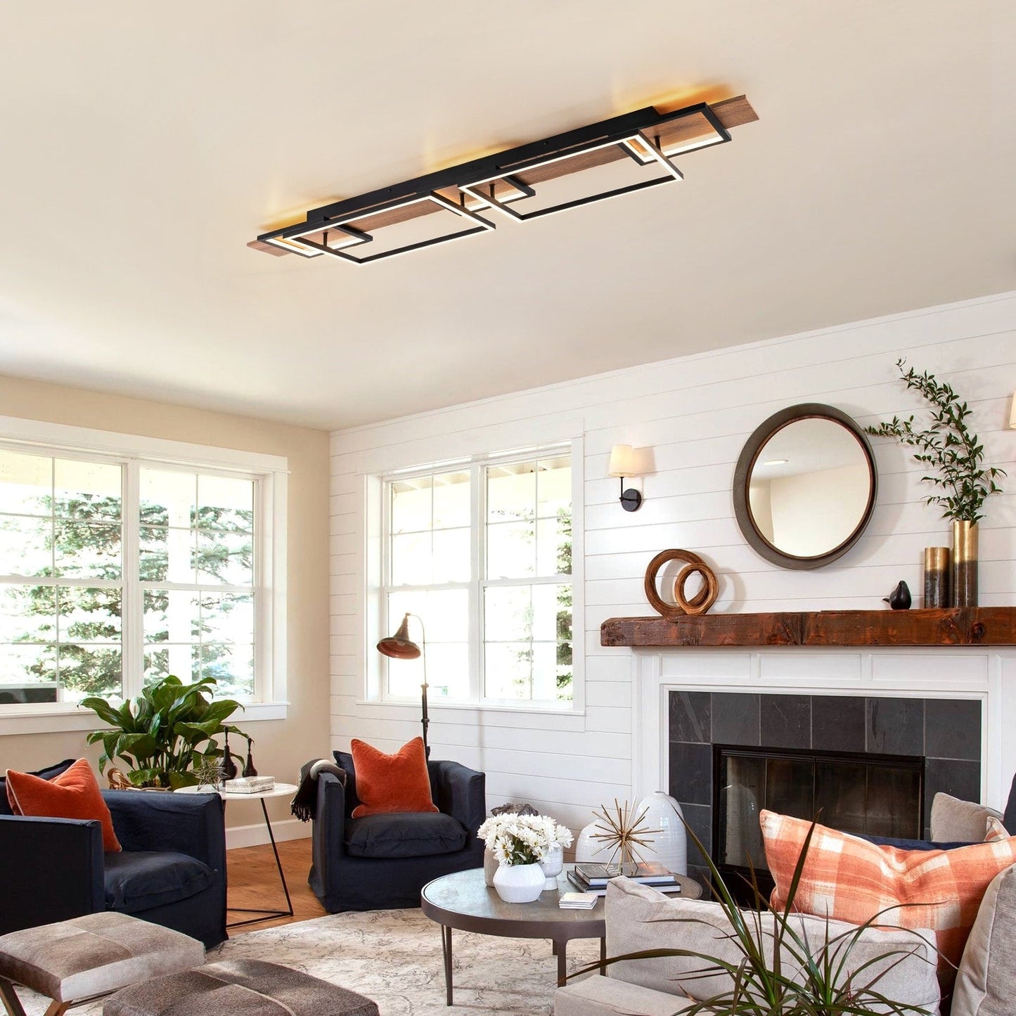 Integrated LED Rectangle Wood Semi Flush Mount Ceiling Light for Hallway Foyer