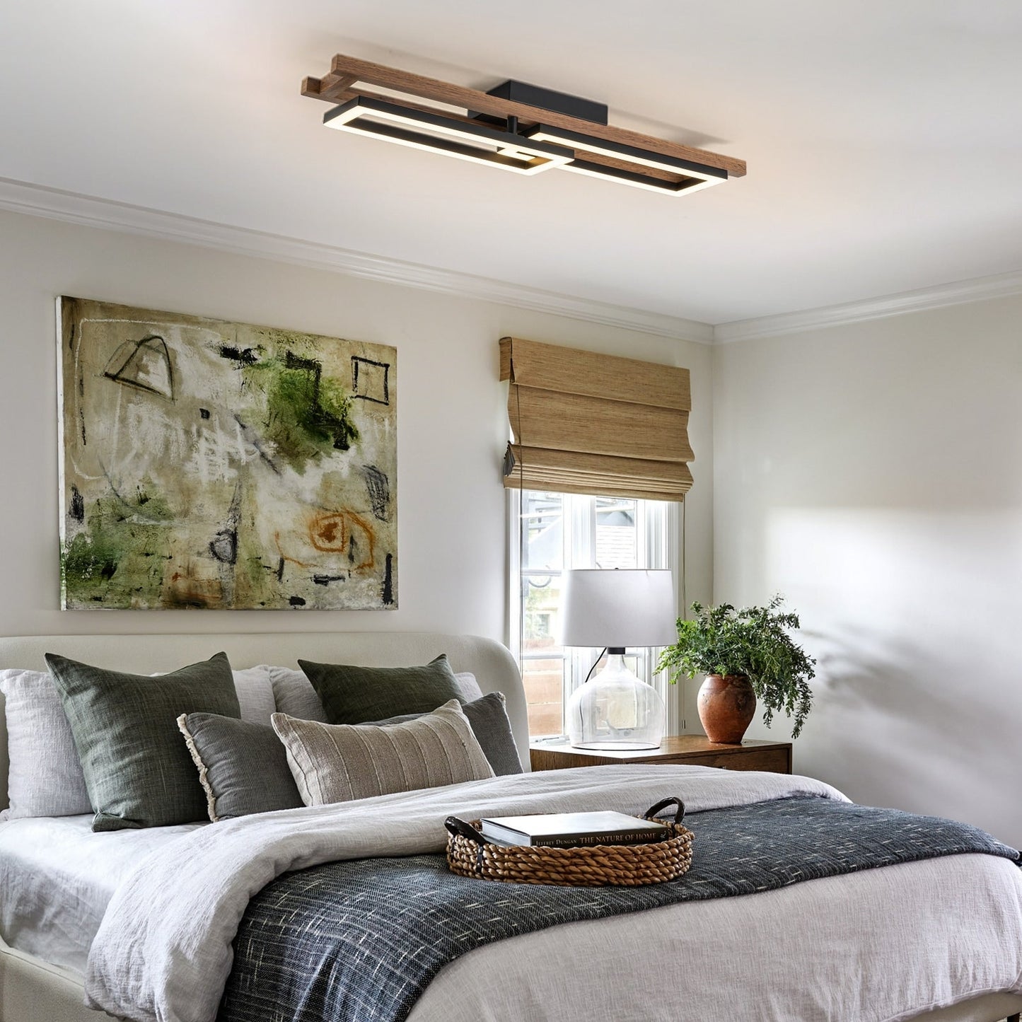 Integrated LED Rectangle Wood Semi Flush Mount Ceiling Light for Hallway Foyer