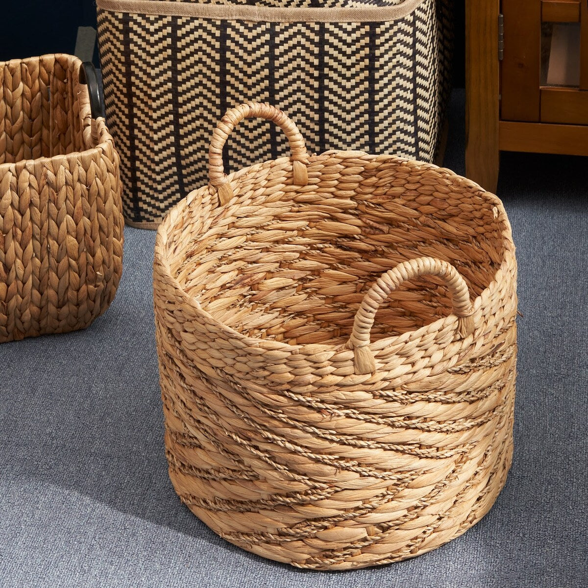Isidore Round Water Hyacinth Seagrass Woven Basket for Home Storage