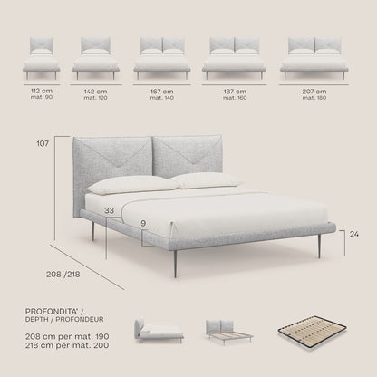 Jolie letto a doppio pannello con piedi alti in metallo in tessuto smacchiabile T18 azzurro 