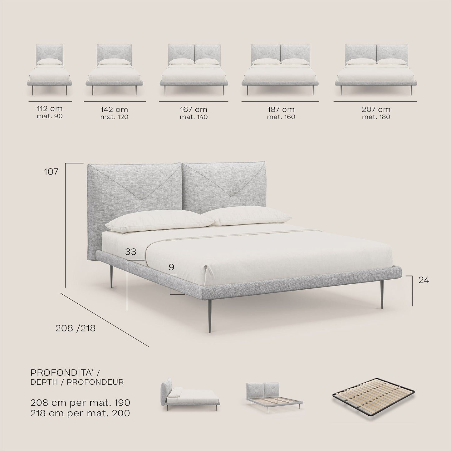 Jolie letto a doppio pannello con piedi alti in metallo in tessuto smacchiabile T18 blu 