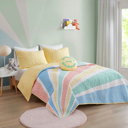 Intelligent Design Kids Jessie Rainbow Sunburst Reversible Cotton Quilt Set with Throw Pillow