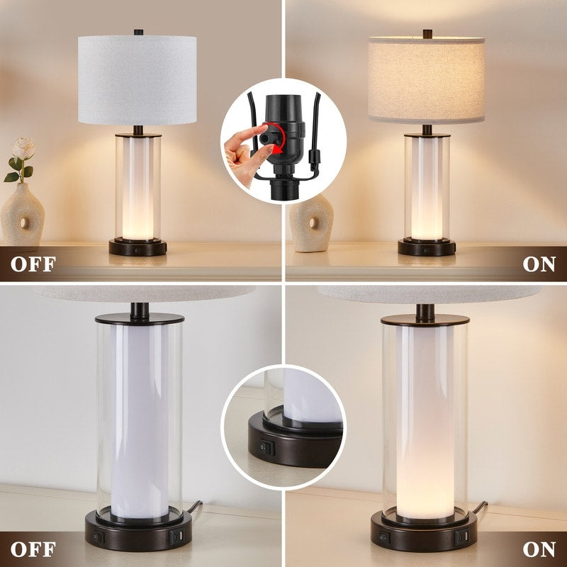 KAWOTI 23 inch Modern Glass Table Lamp Set with Night Light (set of 2)