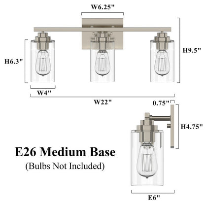 KAWOTI 3 Light Bathroom Vanity Light with Clear Glass Shade