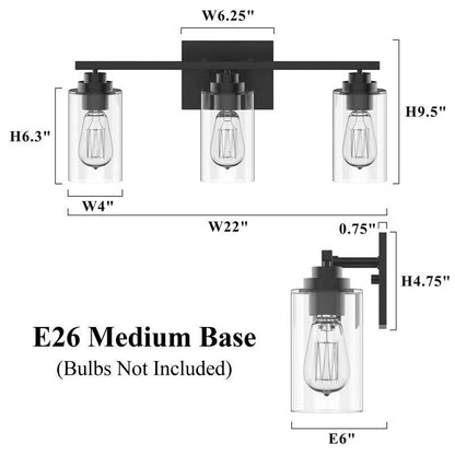KAWOTI 3 Light Bathroom Vanity Light with Clear Glass Shade