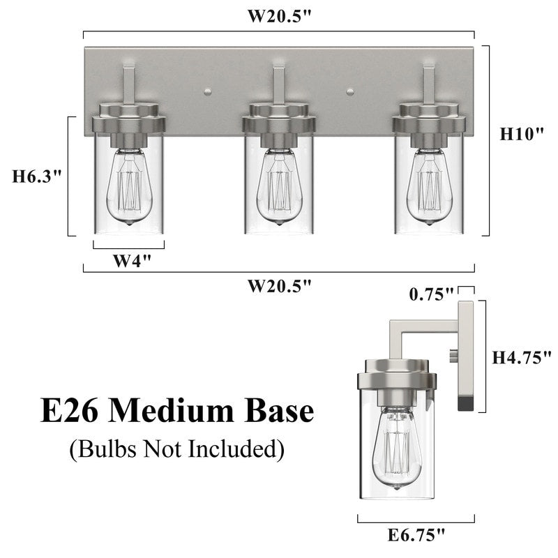KAWOTI 3 Light Bathroom Vanity Light with Clear Glass Shade