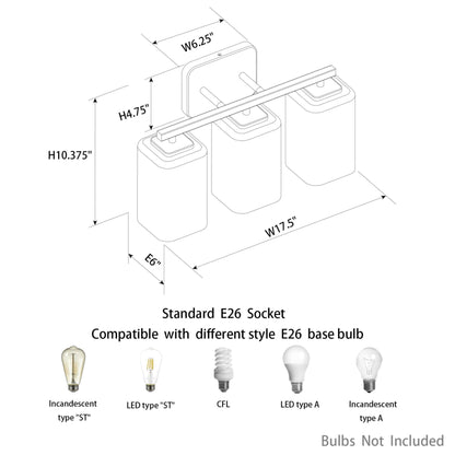 KAWOTI 3 Light Bathroom Vanity Light with rectangular Glass Shade