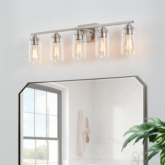 KAWOTI 5-Light Dimmable Bathroom Vanity Light with Clear Glass Shade