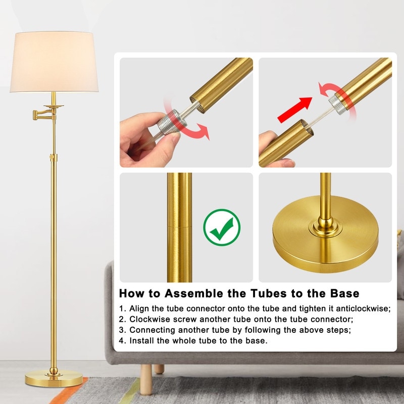 KAWOTI 64.5 inch Adjustable Height Swing Arm Floor Lamp with Shade