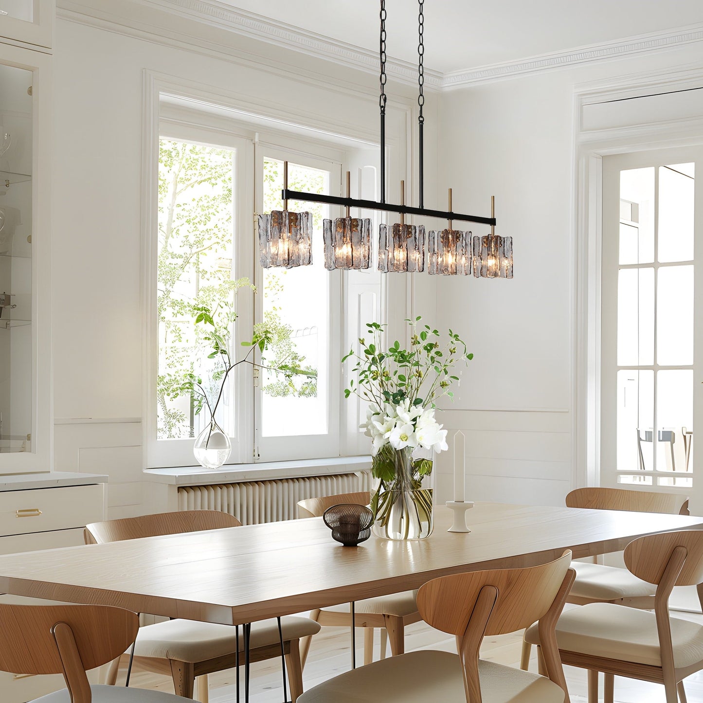 Kasy Modern 5-Light Linear Chandelier Textured Glass Kitchen Island Light Unique Design