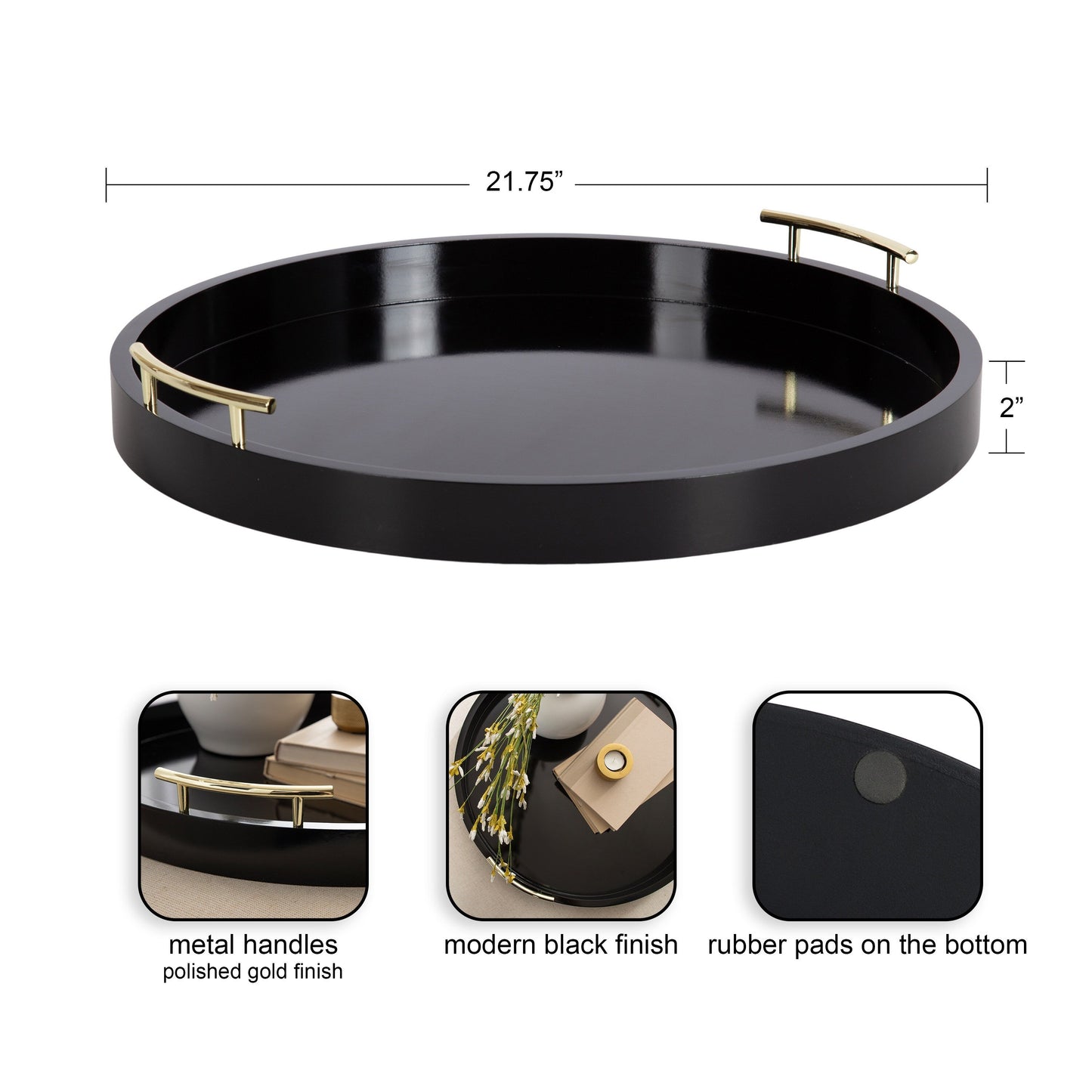 Kate and Laurel Lipton Round Decorative Tray with Metal Handles