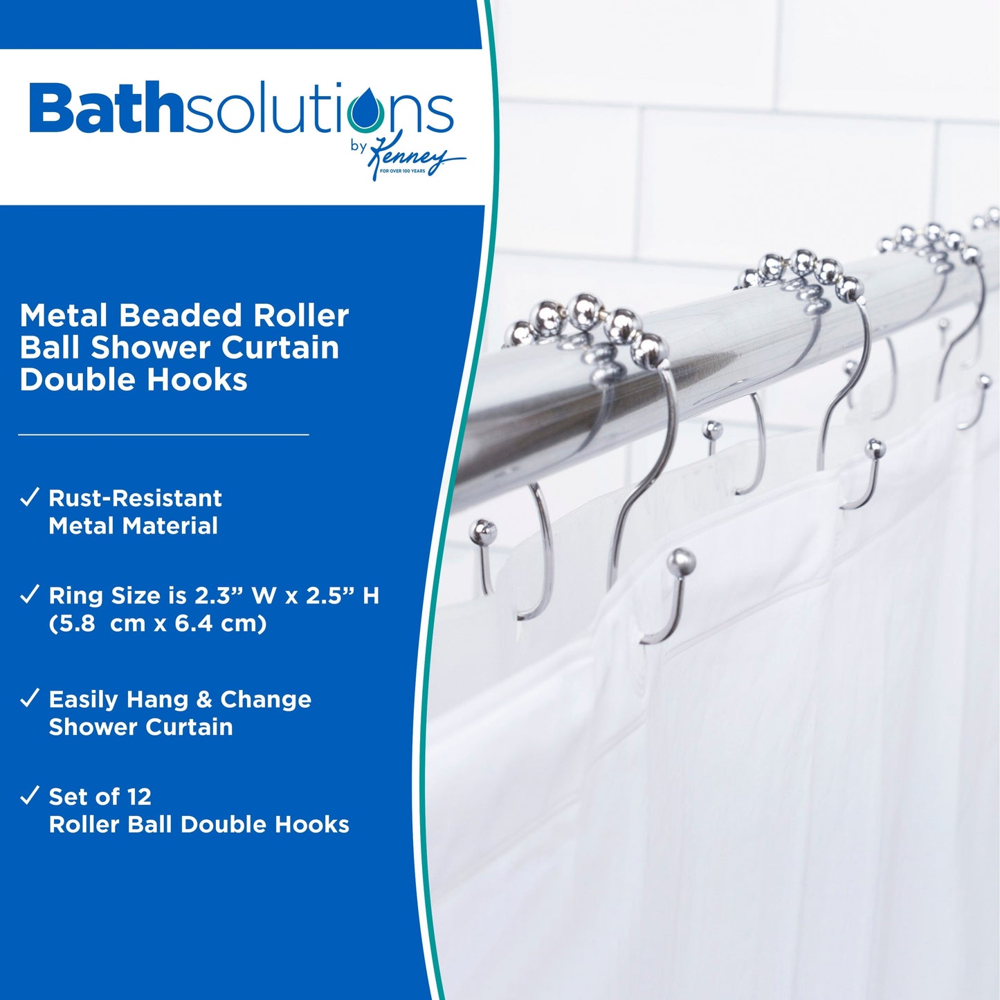 Kenney Beaded Roller Shower Curtain Double Hooks, Set of 12